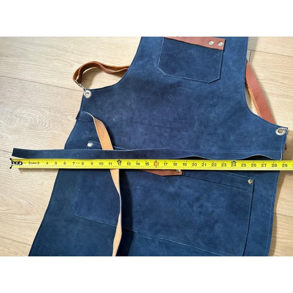 Blue Suede Leather Apron Adjustable Crossback Straps Chef Grilling Workshop
